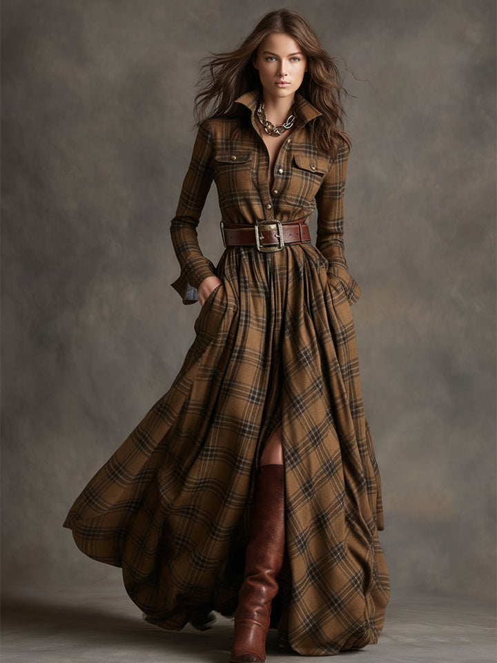 A chic women's belted plaid shirt dress with practical pockets, a versatile midi for any occasion.