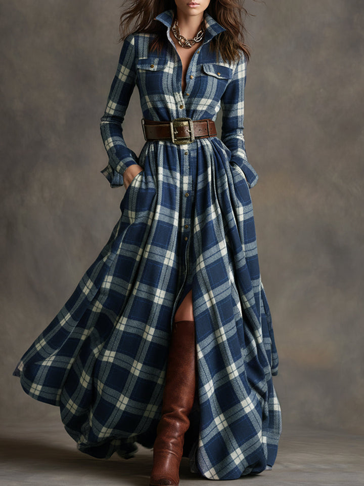 Stylish women's plaid midi shirt dress with a belt & practical pockets, ideal for fall.