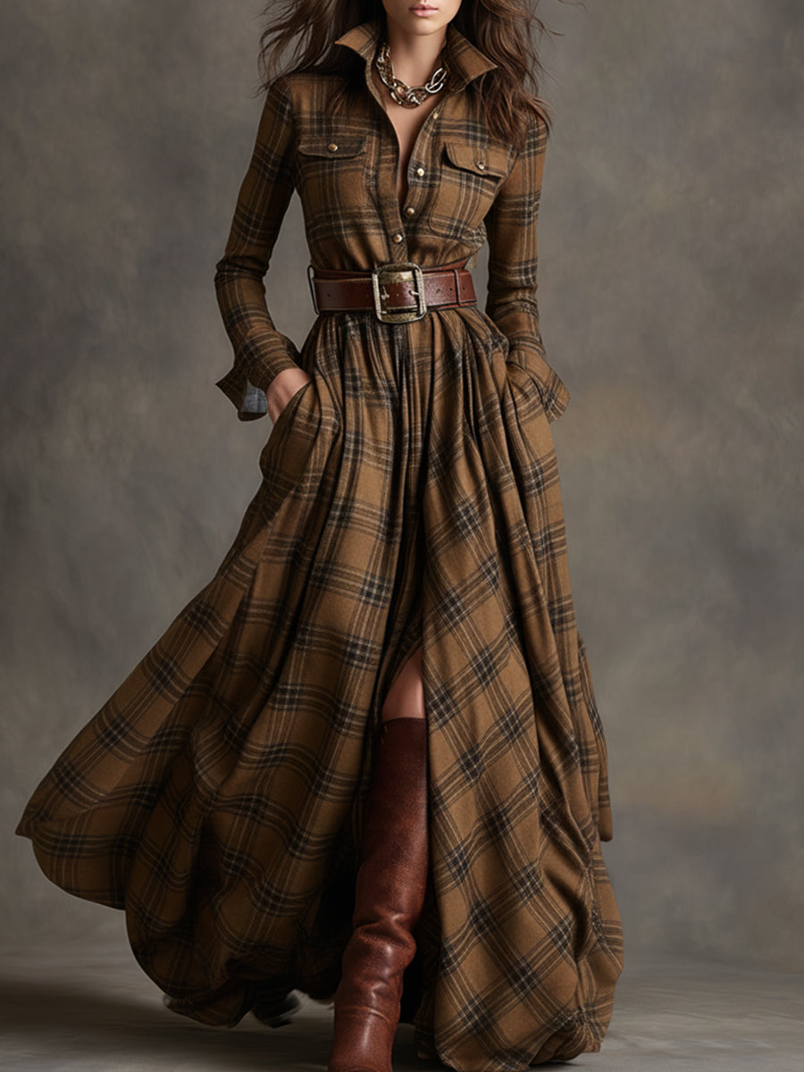 Classic plaid pattern on an elegant women's belted shirt dress with convenient pockets.
