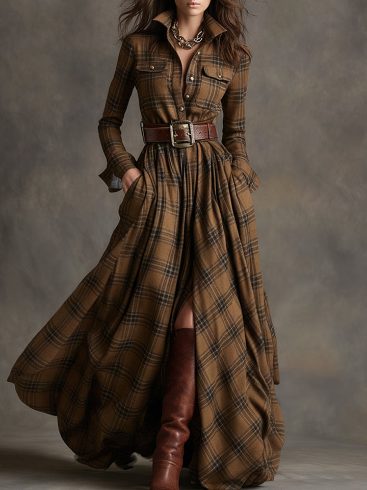 Classic plaid pattern on an elegant women's belted shirt dress with convenient pockets.