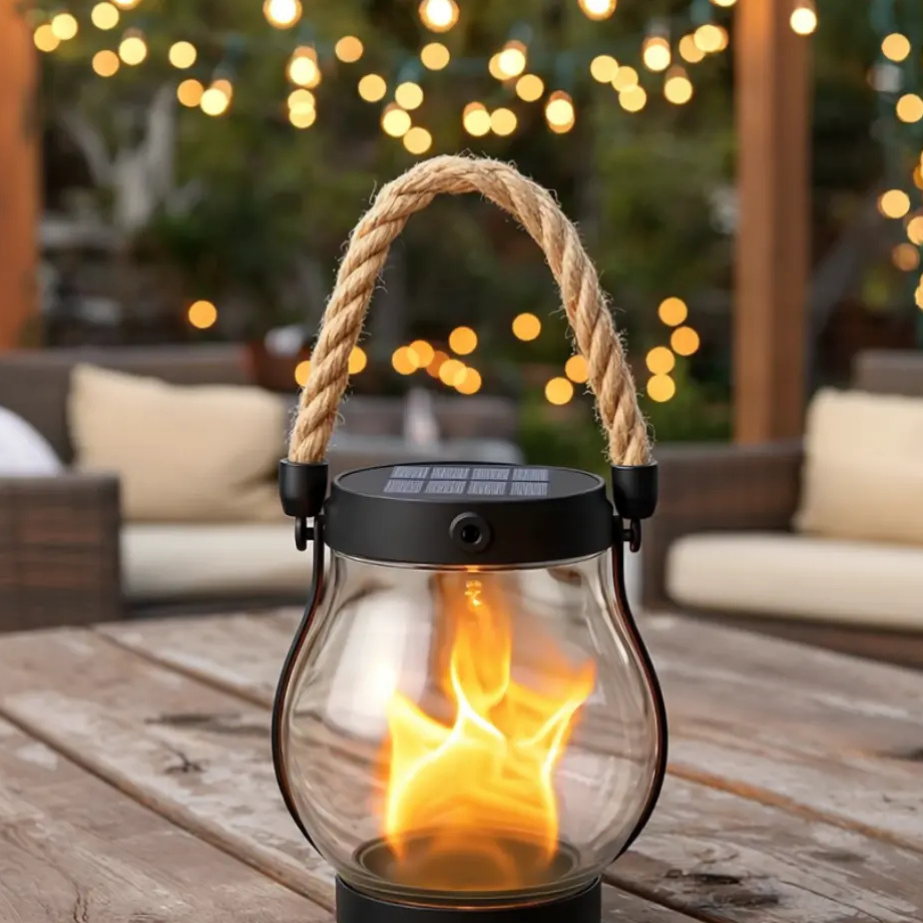 Outdoor solar lantern with lifelike flame effect, perfect for garden paths, patios, and ambient outdoor lighting decor.