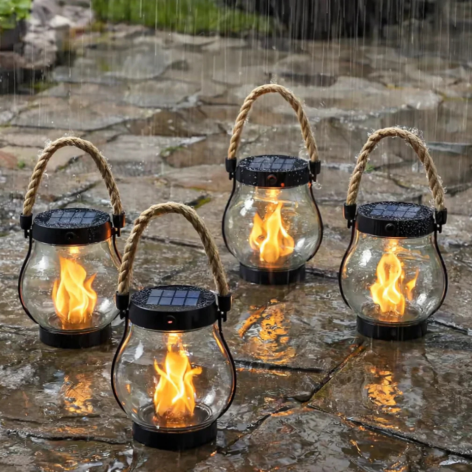 Solar flame lantern for garden, creating a realistic, ambient LED flame effect. Perfect weatherproof outdoor lighting.