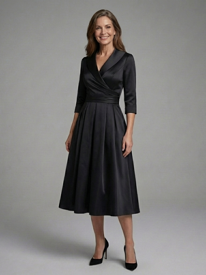 Women's three quarter sleeve wrap bodice midi dress, elegant & flattering for any occasion.