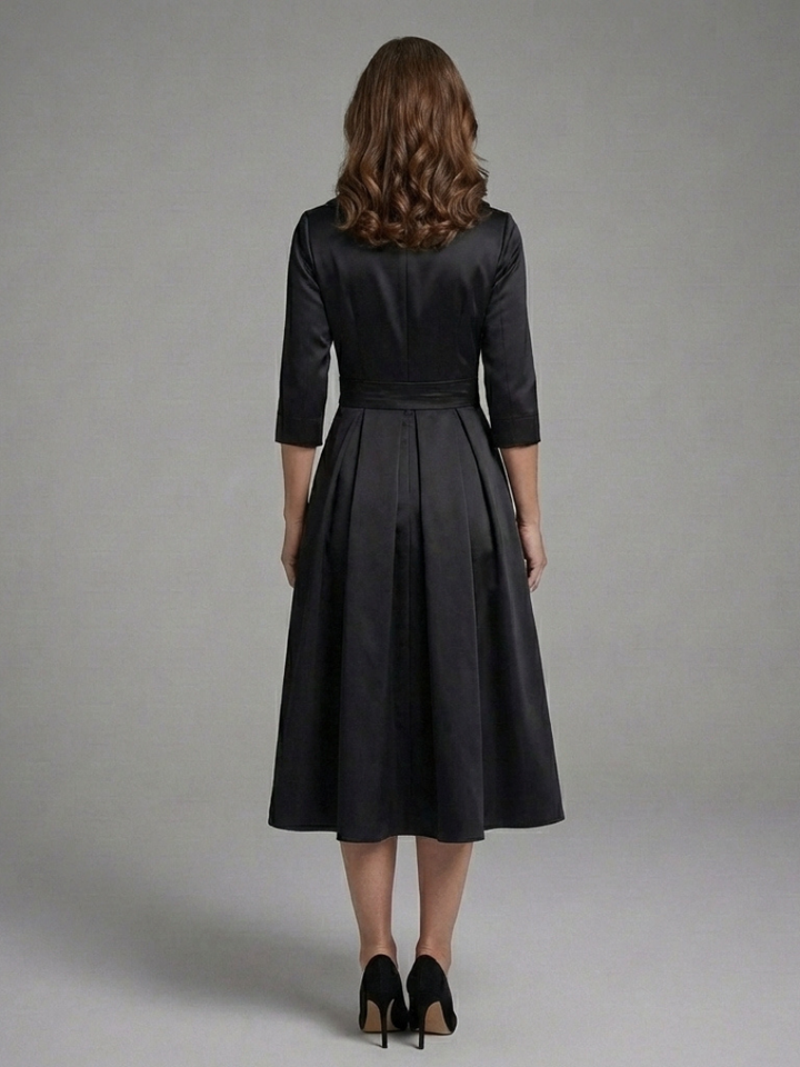 Elegant women's wrap midi dress with three quarter sleeves, perfect for cocktail parties & formal wear.