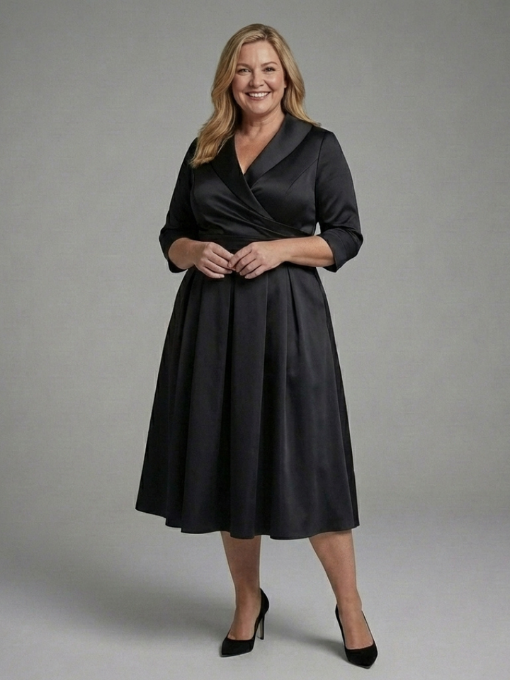 Stylish three quarter sleeve midi dress for women, featuring a chic wrap bodice & elegant fit.