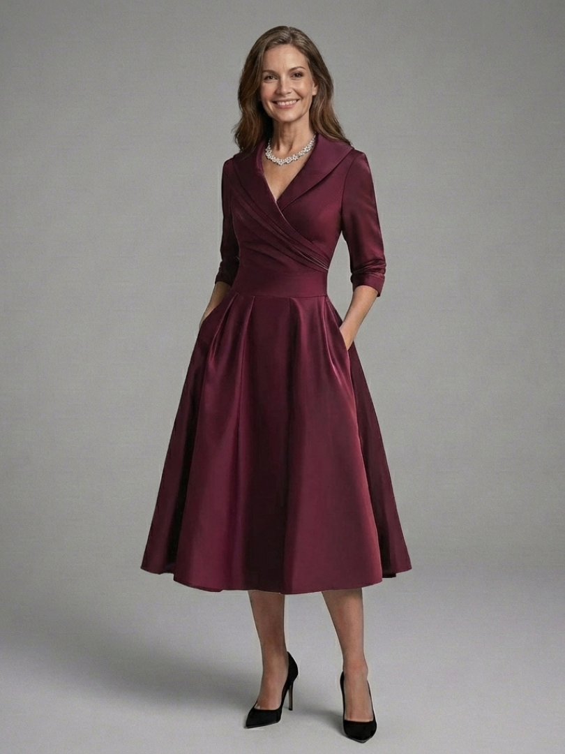 Chic women's three quarter sleeve midi wrap dress. Versatile and elegant for day or evening events.