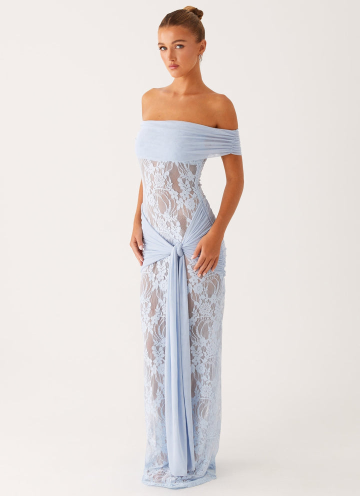 Women's elegant off-shoulder maxi dress with delicate lace details, perfect for evening wear or special events.