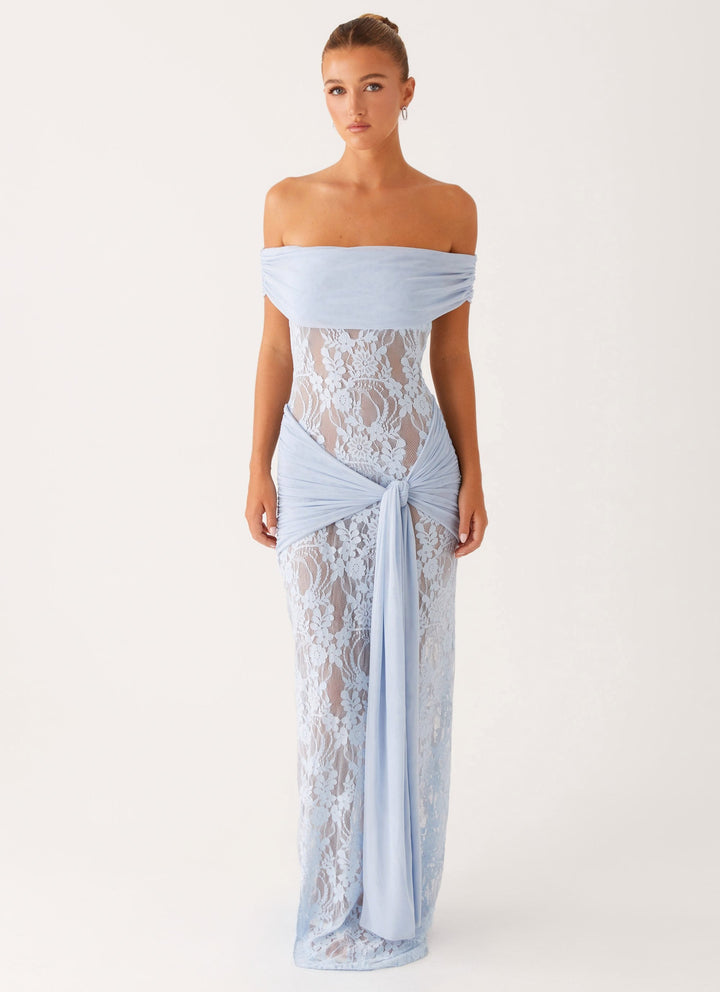 Chic women's off-shoulder lace maxi dress, ideal for wedding guests, formal parties, or spring/summer events.