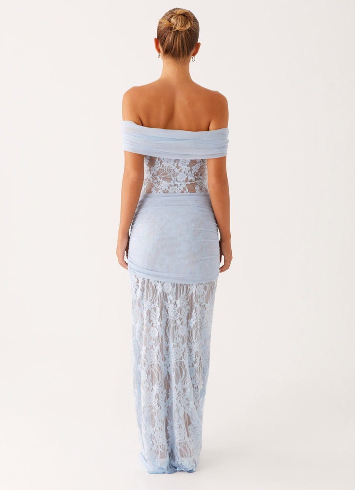 Sophisticated off-shoulder maxi dress for women, featuring intricate lace detailing; perfect for evening gowns.