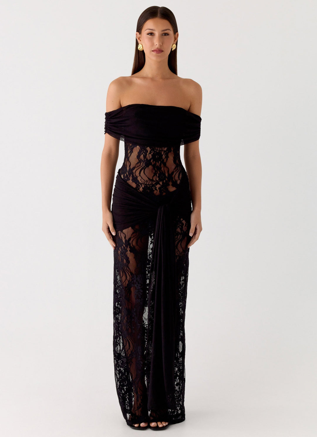Women's elegant off-shoulder lace maxi dress, a versatile piece for formal wear, summer dress, or autumn events.