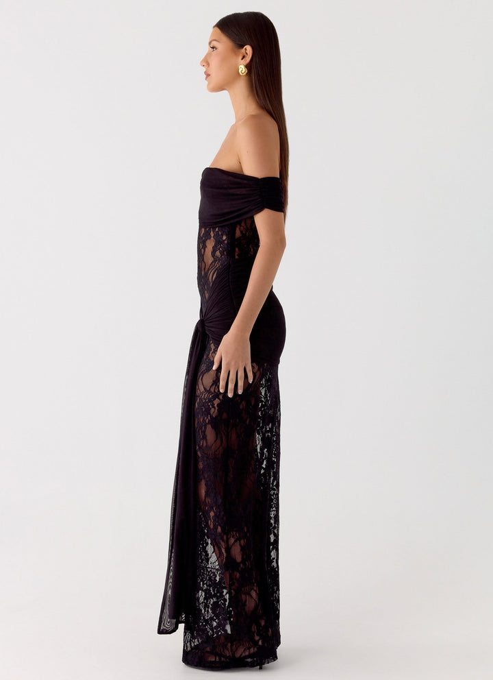 Glamorous off-shoulder maxi dress for women, with exquisite lace detail; ideal for evening wear & special events.