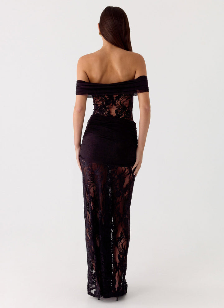 Elegant off-shoulder evening gown for women, featuring delicate lace; perfect for formal events & party dress.