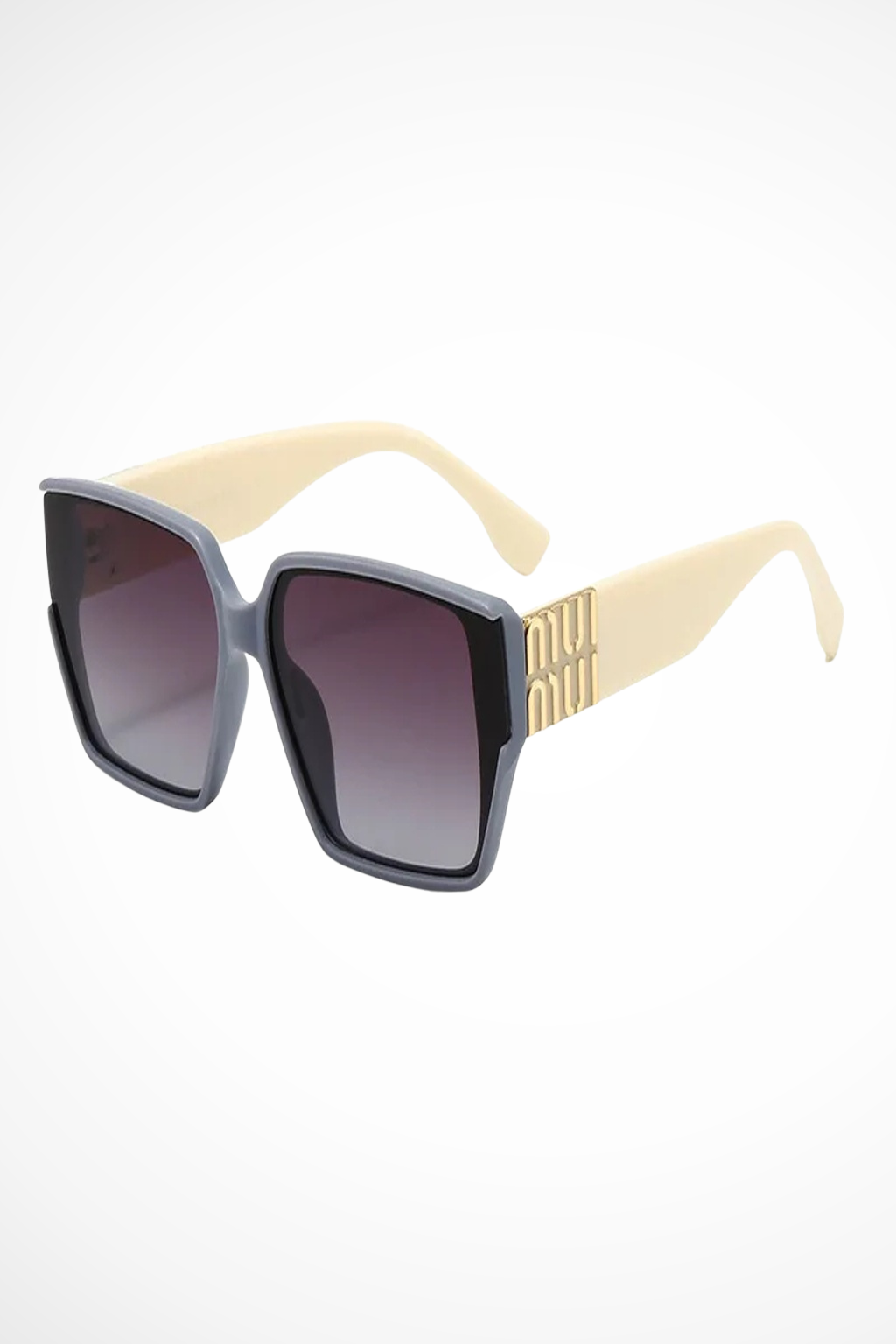 Women's black oversized square sunglasses with gold detail on temples. Fashionable eyewear.
