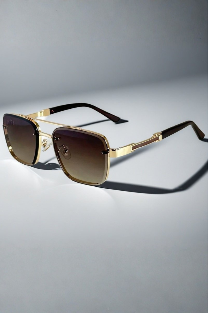 Gold metal frame men's aviator square sunglasses with gradient lenses. Essential eyewear accessory.