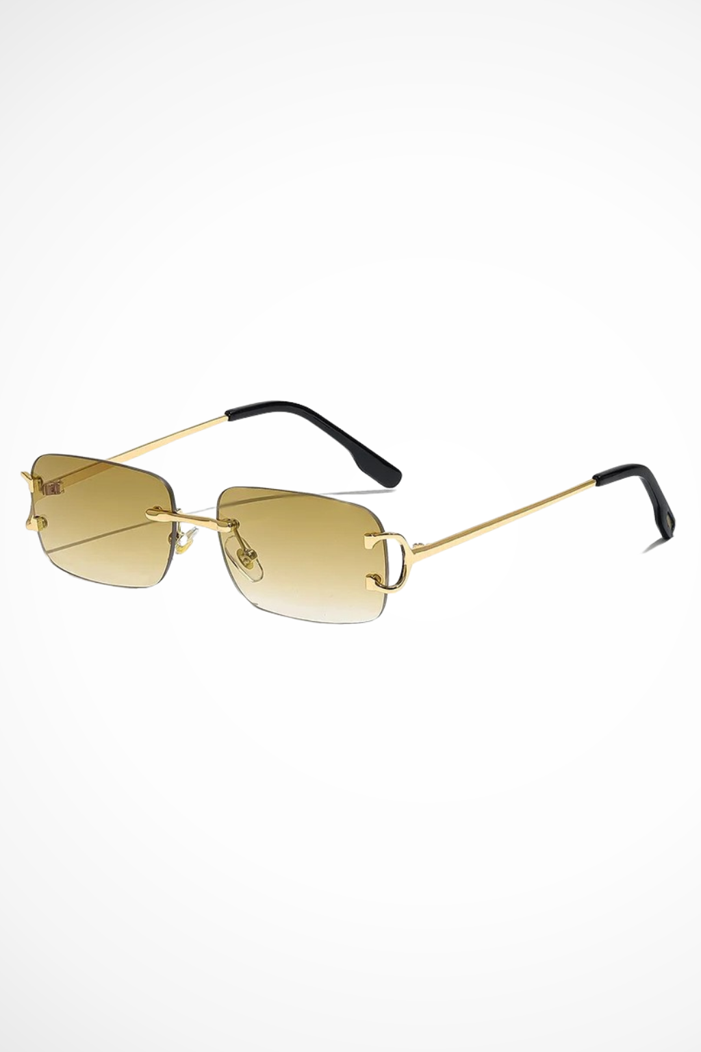 Fashionable women's rimless rectangle tinted sunglasses, featuring an elegant gold frame. Modern eyewear.