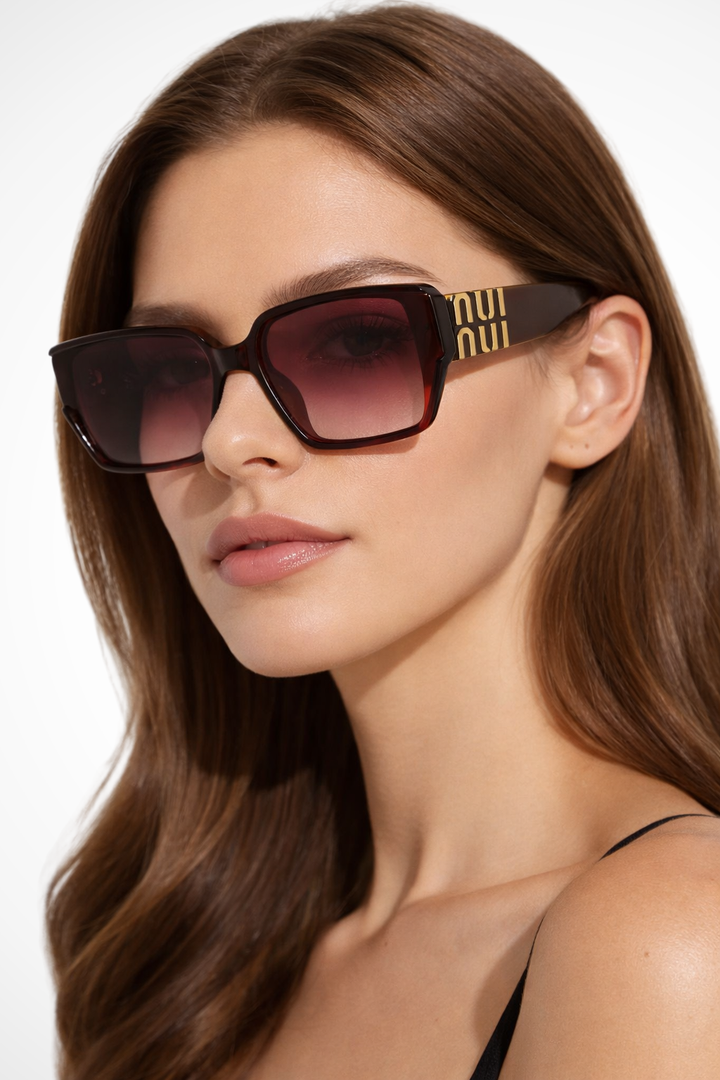Stylish blue grey oversized square women's sunglasses with chic gold detail. Fashion eyewear.
