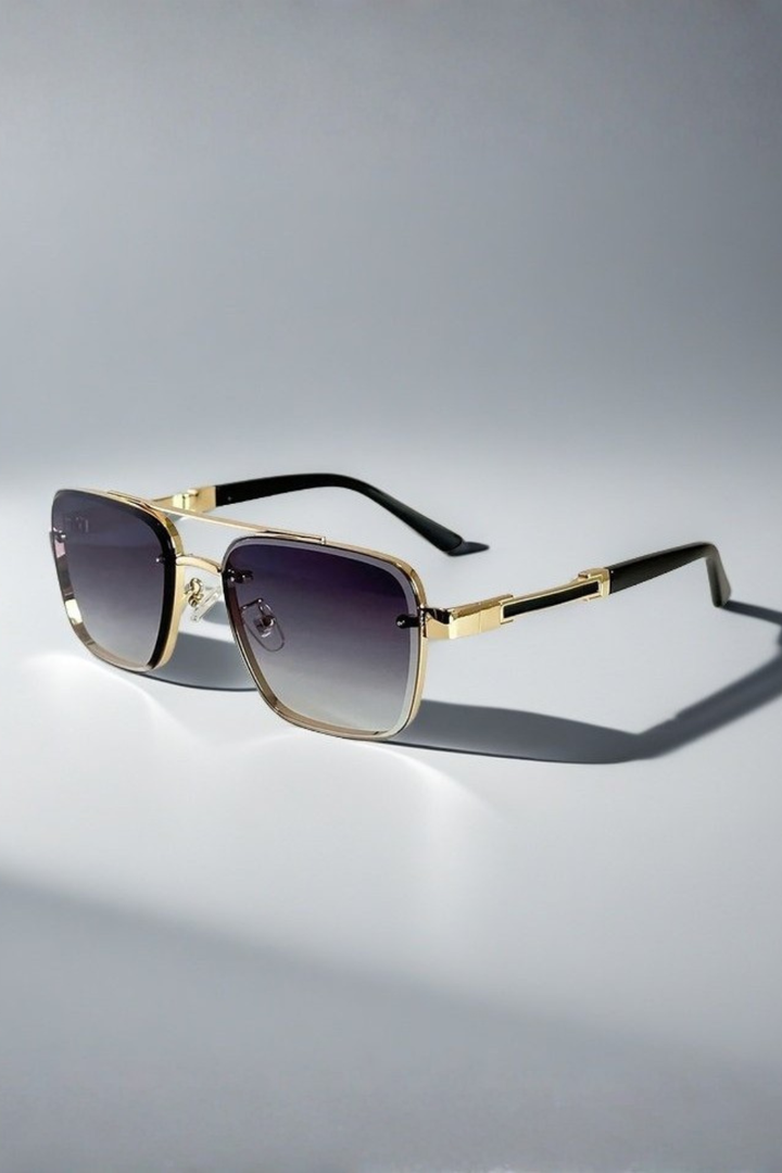 Modern men's aviator square sunglasses. Polished gold metal frame & stylish gradient lenses.
