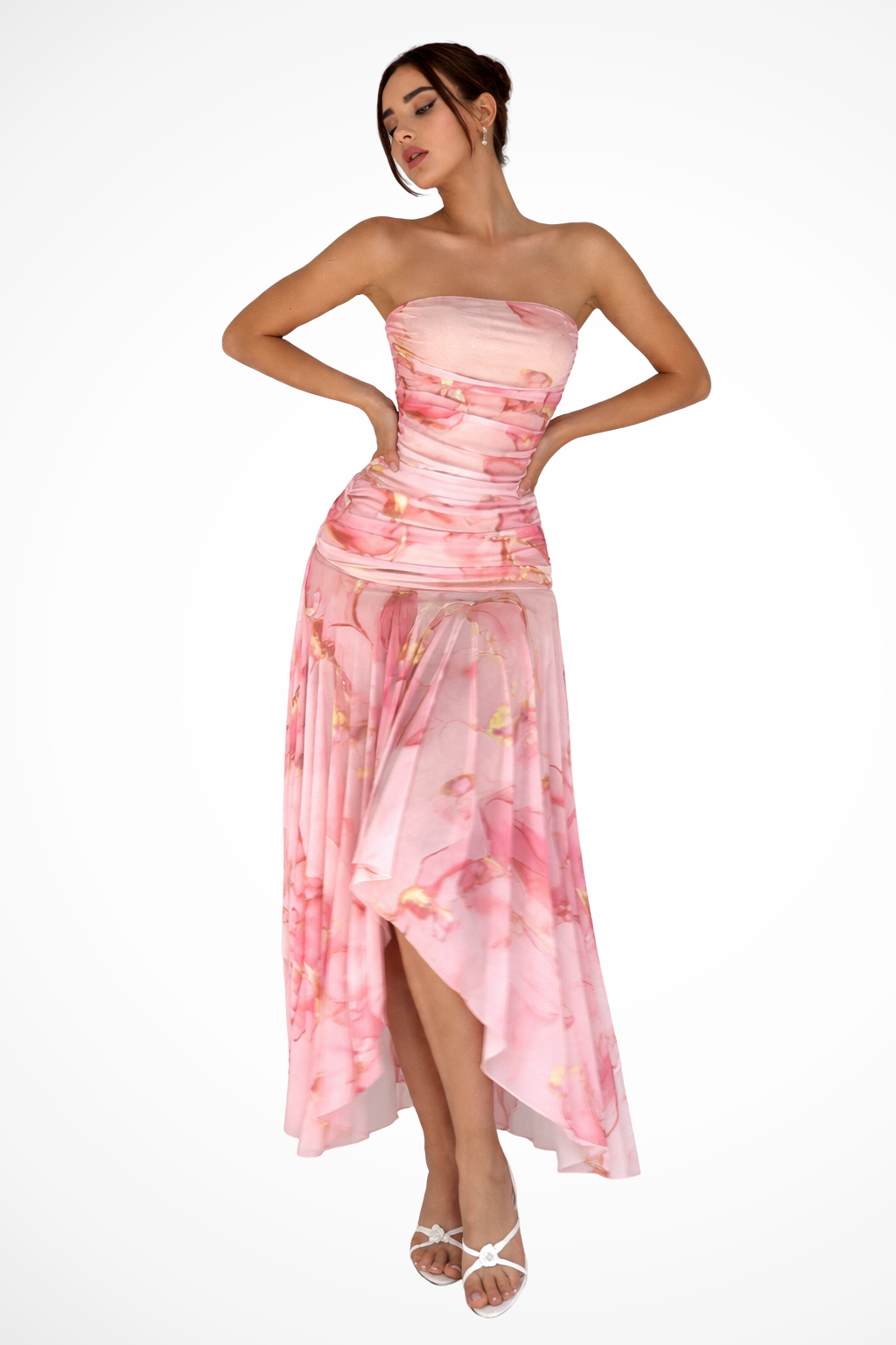 Elegant women's strapless high-low maxi dress with beautiful floral print, perfect for summer parties & events.