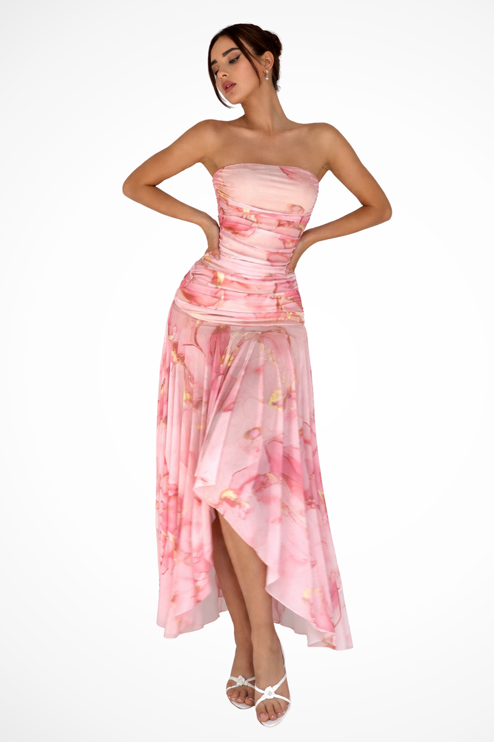 Elegant women's strapless high-low maxi dress with beautiful floral print, perfect for summer parties & events.