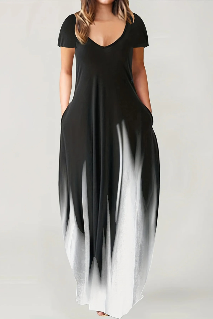Stylish women's ombre V-neck short sleeve maxi dress, gradient colors, ideal for casual summer style.