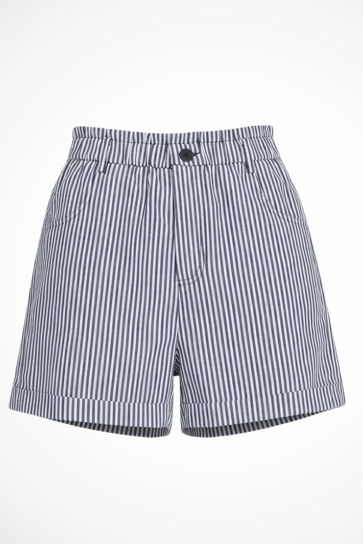 Modern women's tailored shorts, high waist, classic stripes, and unique button detail for contemporary style.