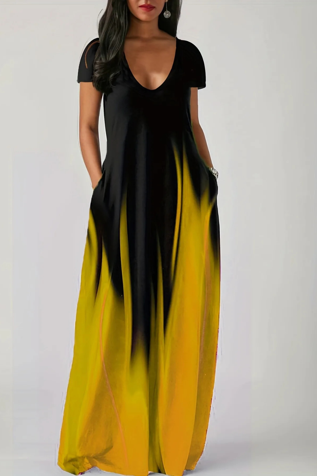 Versatile women's ombre V-neck short sleeve maxi dress, great for casual outings & comfortable everyday style.