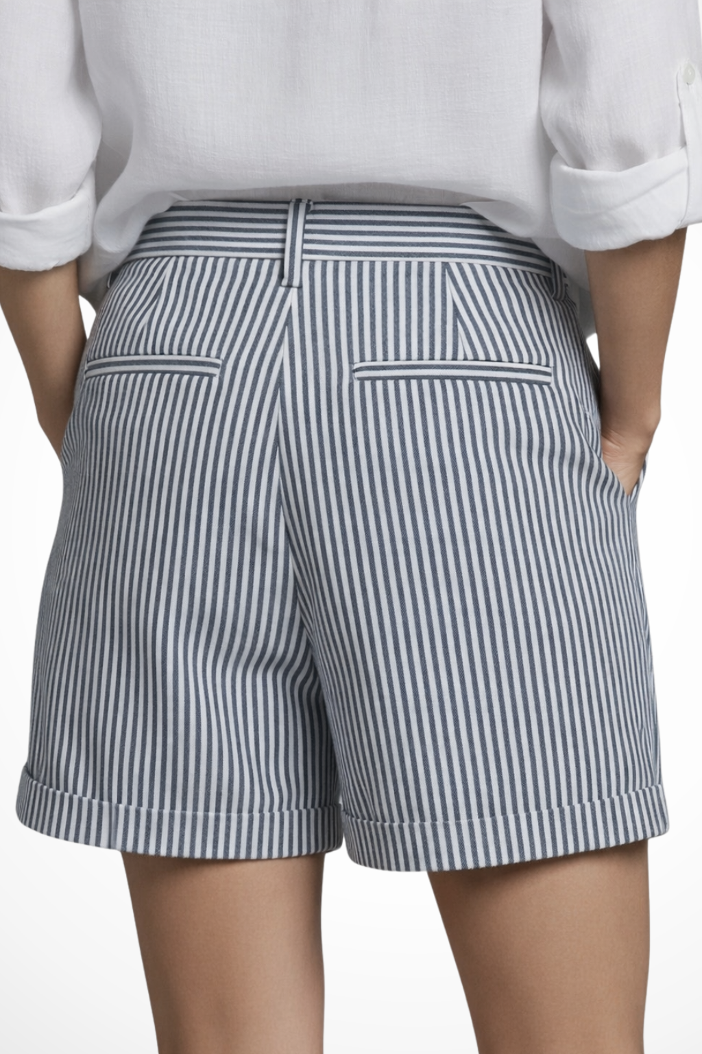 Casual yet chic women's striped tailored shorts, high waist & button accents, perfect for everyday style.