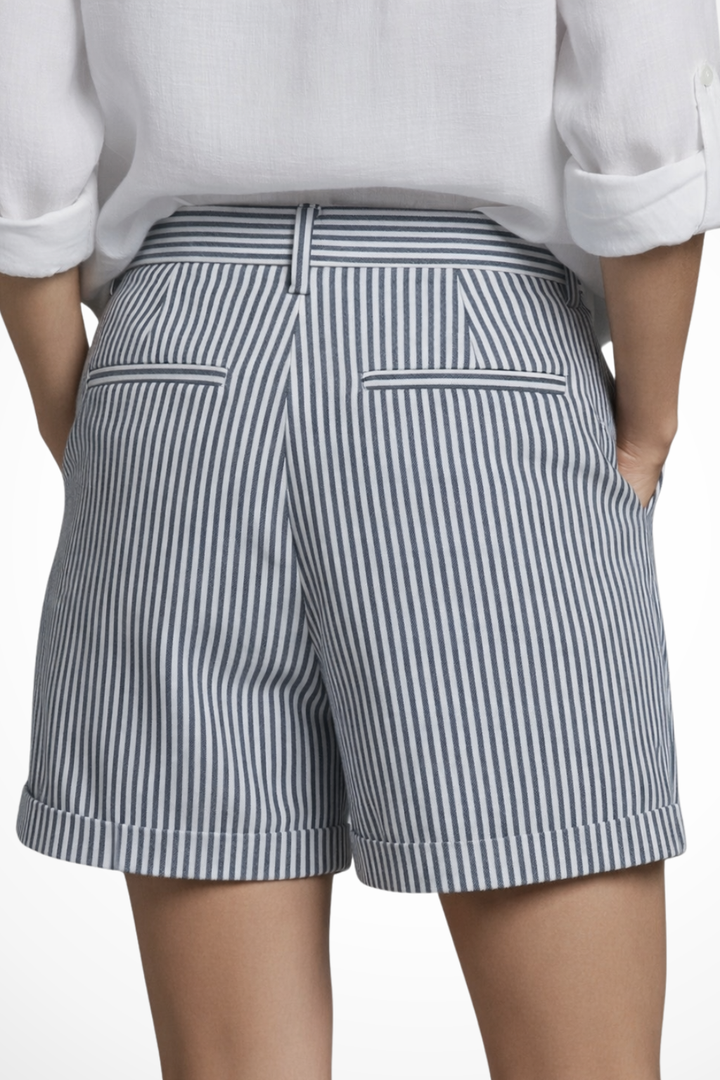 Casual yet chic women's striped tailored shorts, high waist & button accents, perfect for everyday style.