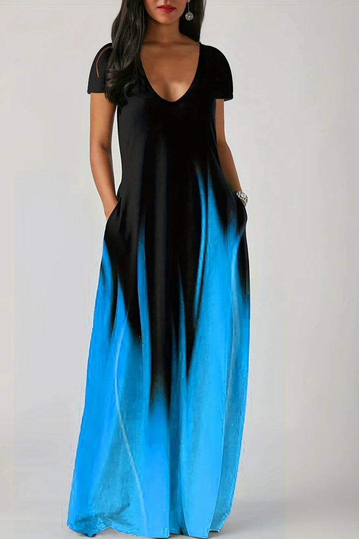 Flowy women's ombre maxi dress with V-neck & short sleeves, perfect for casual summer fashion.