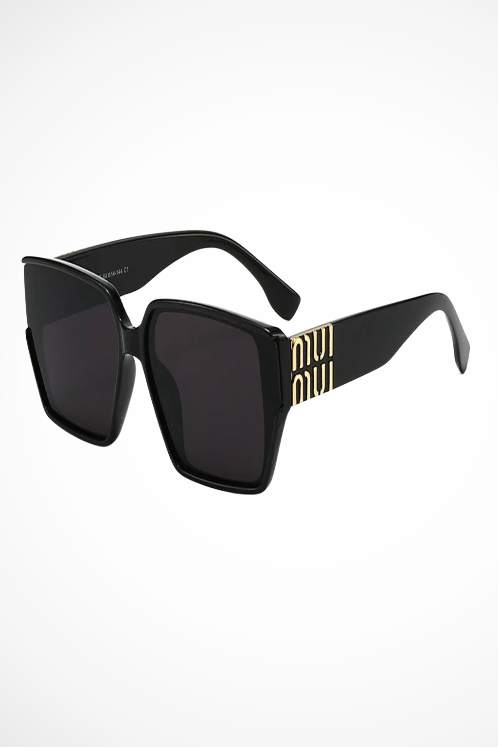 Chic black purple oversized square women's sunglasses, luxurious gold detail. Trendy eyewear.