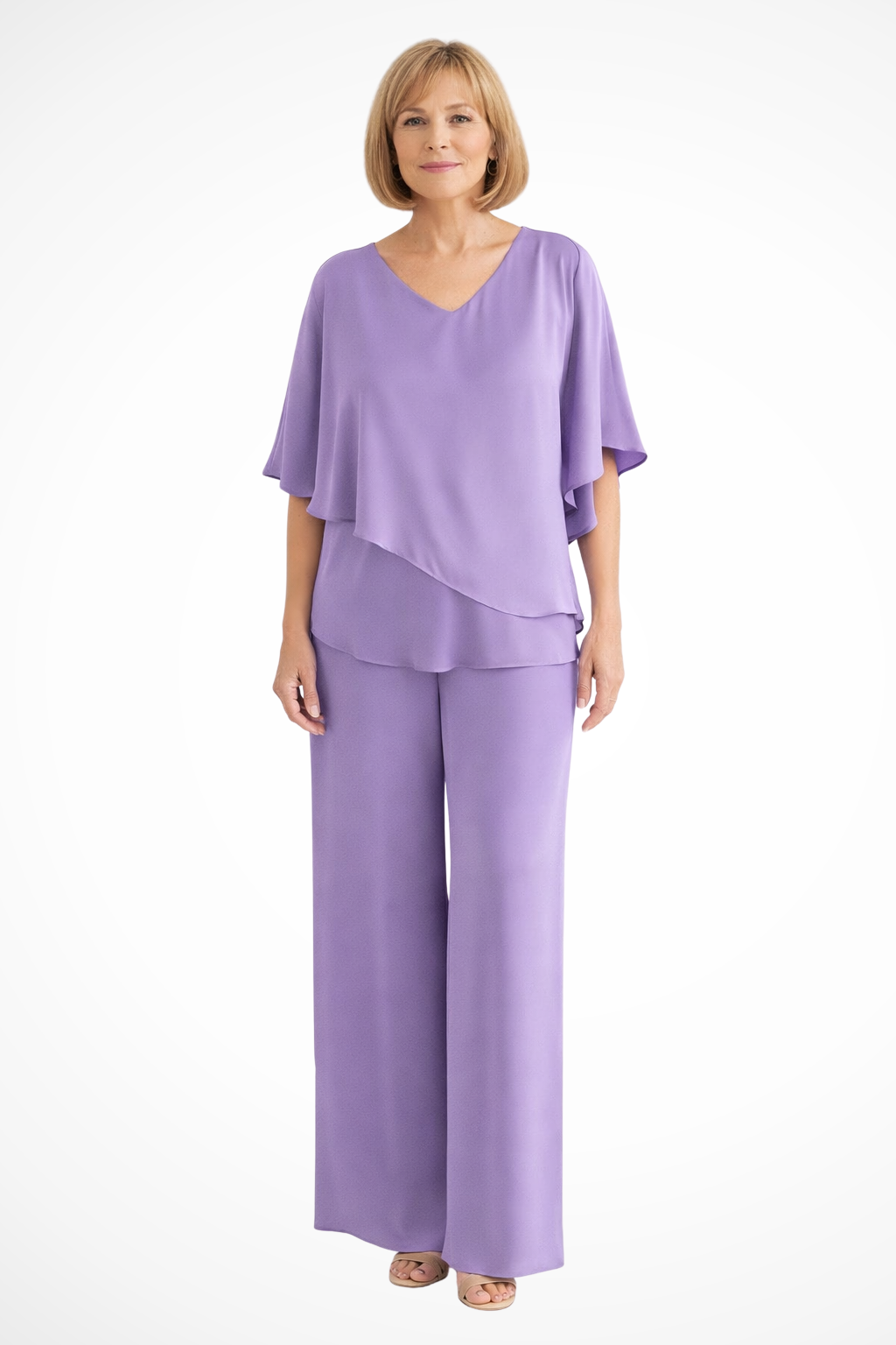 Spring fashion women's matching outfit: an elegant top and wide leg pants set for casual wear.