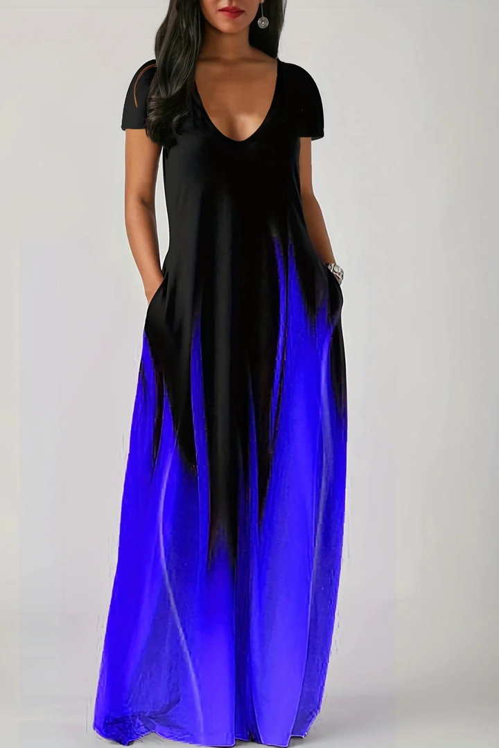 Close-up of soft fabric on women's ombre V-neck short sleeve casual maxi dress, emphasizing comfort.