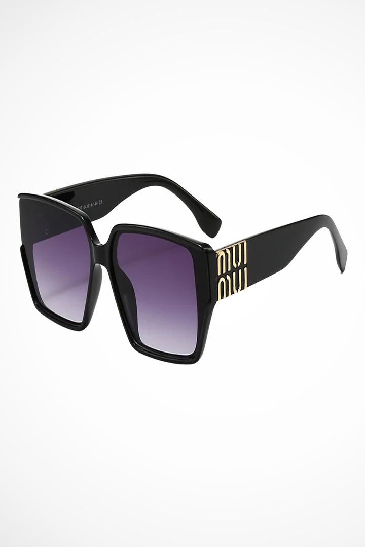 Elegant beige brown oversized square women's sunglasses, sophisticated gold detail. UV protection.