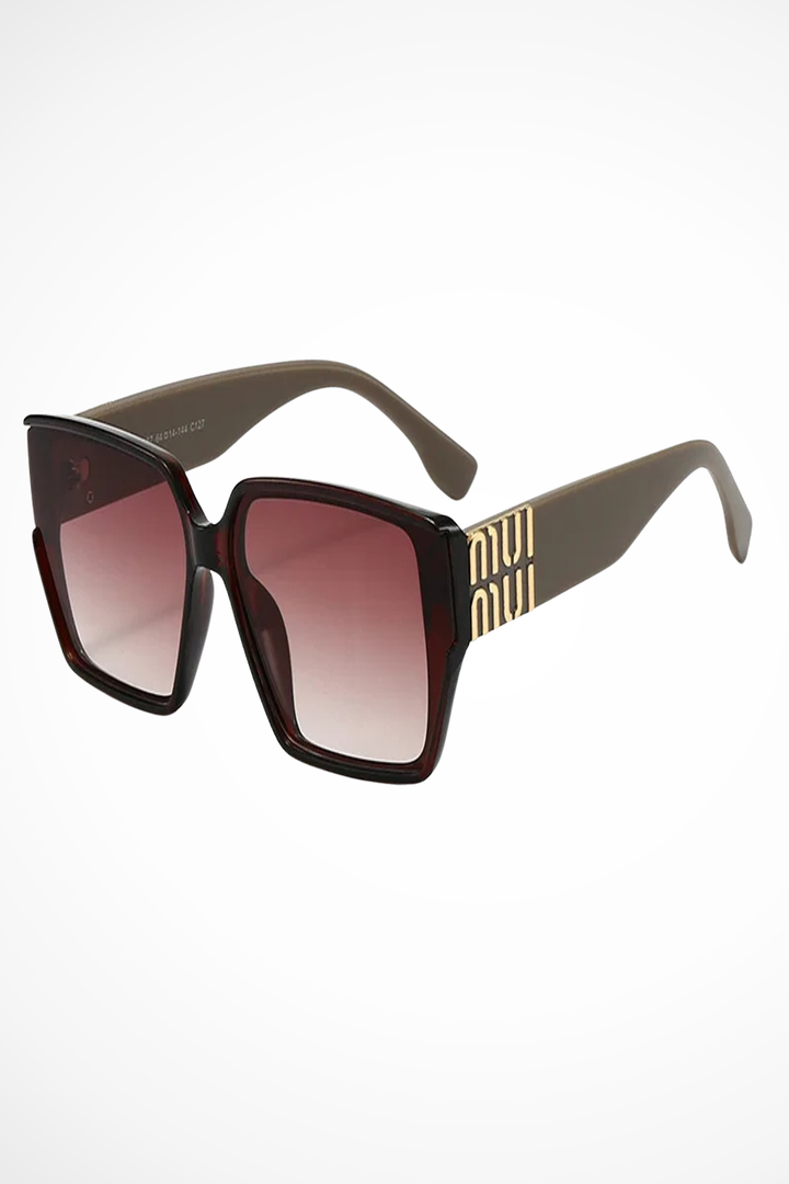 Glamorous cream purple oversized square women's sunglasses, exquisite gold detail. UV eyewear.