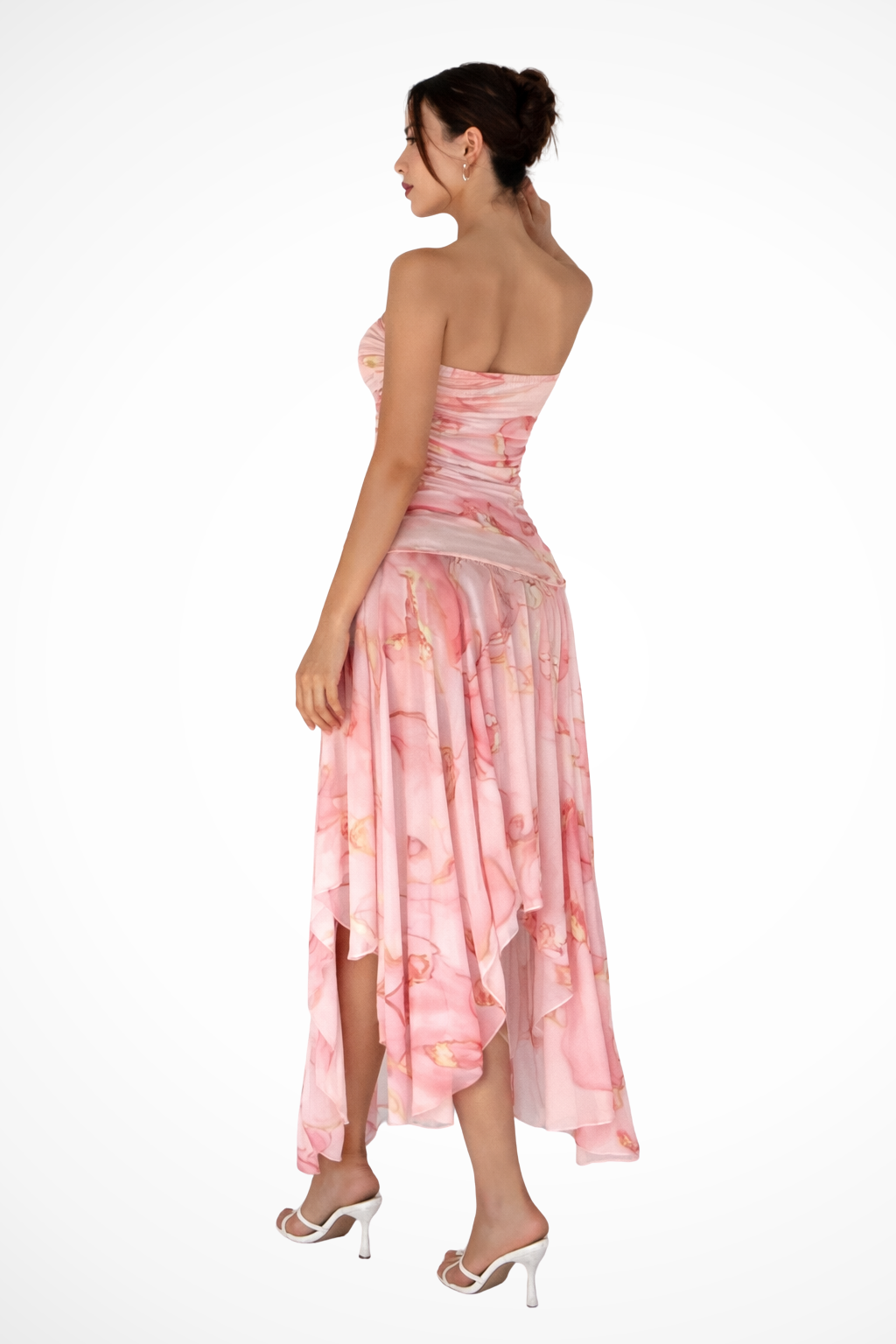 Pink floral strapless high-low maxi dress for women. Elegant design for summer fashion, parties & special occasions.