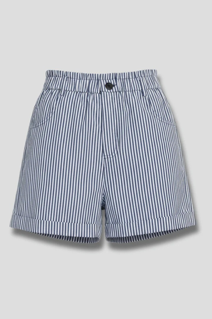 Front view of women's striped high waist tailored shorts, showcasing button detail and flattering silhouette.