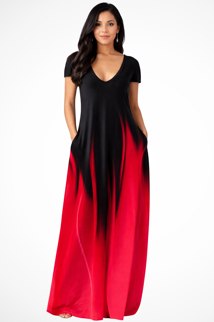 Back view of women's flowy ombre V-neck short sleeve casual maxi dress, comfortable and stylish.