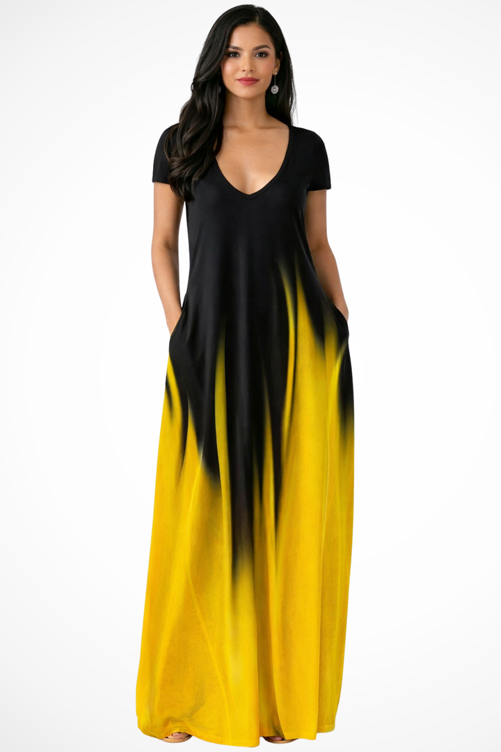 Lightweight, flowy women's ombre maxi dress, V-neck, short sleeves, breathable for summer fashion.