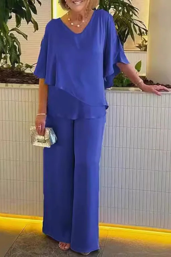 Elegant two-piece set for women with a chic top & flowy wide leg pants, suitable for loungewear.