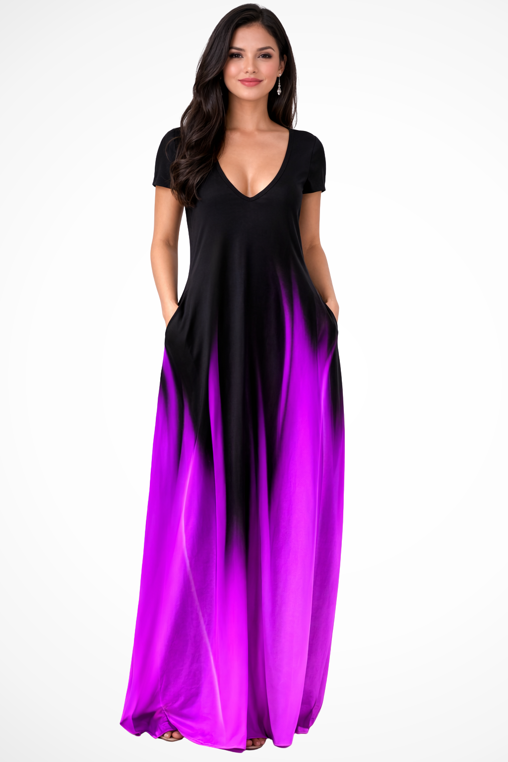 Model wearing women's ombre V-neck short sleeve casual maxi dress, full length, relaxed fit for summer.