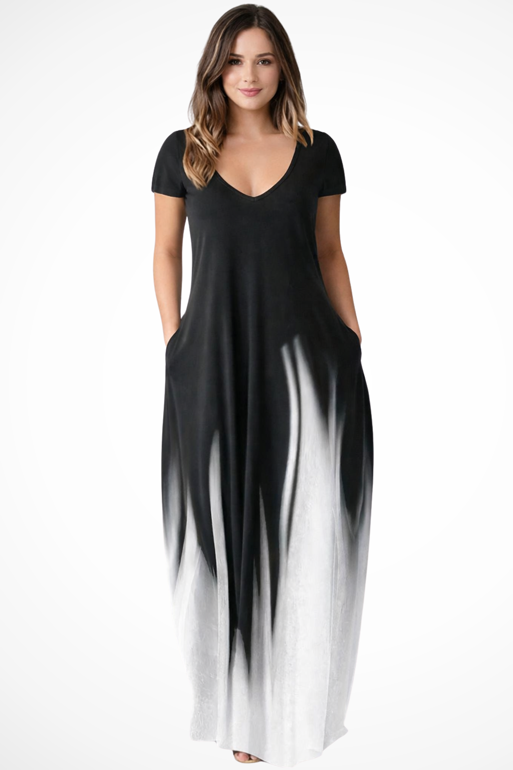 Comfortable women's ombre maxi dress with V-neck, short sleeves, soft fabric for everyday wear.