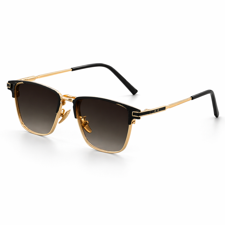 Sleek men's square frame eyewear with sophisticated metal trim, dark lenses, and UV protection.