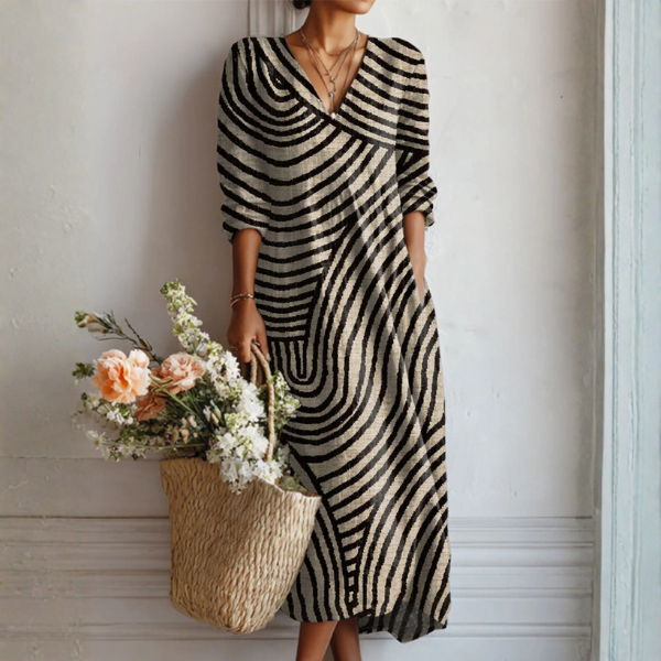 Women's Timeless Vintage Print Midi Dress with abstract pattern & pockets; elegant spring/summer fashion.