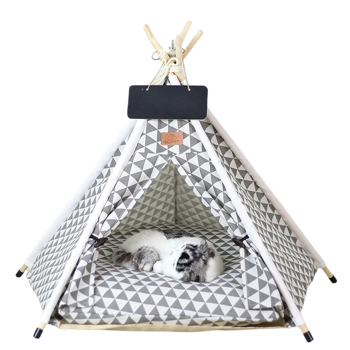Unisex canvas pet teepee play tent, ideal cozy pet bed & hideaway for cats & small dogs. Washable pet house.