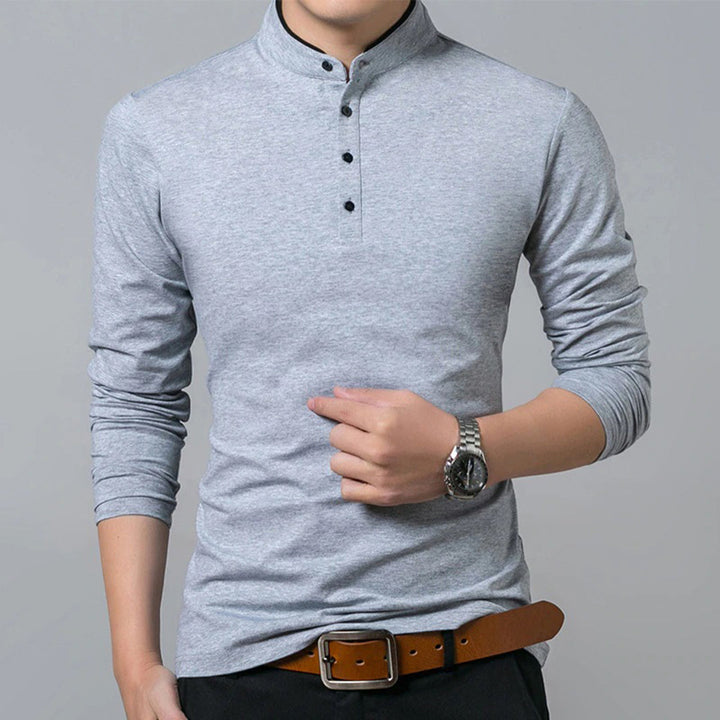 Stylish men's slim-fit long sleeve polo shirt, featuring a mandarin collar for a touch of modern elegance.