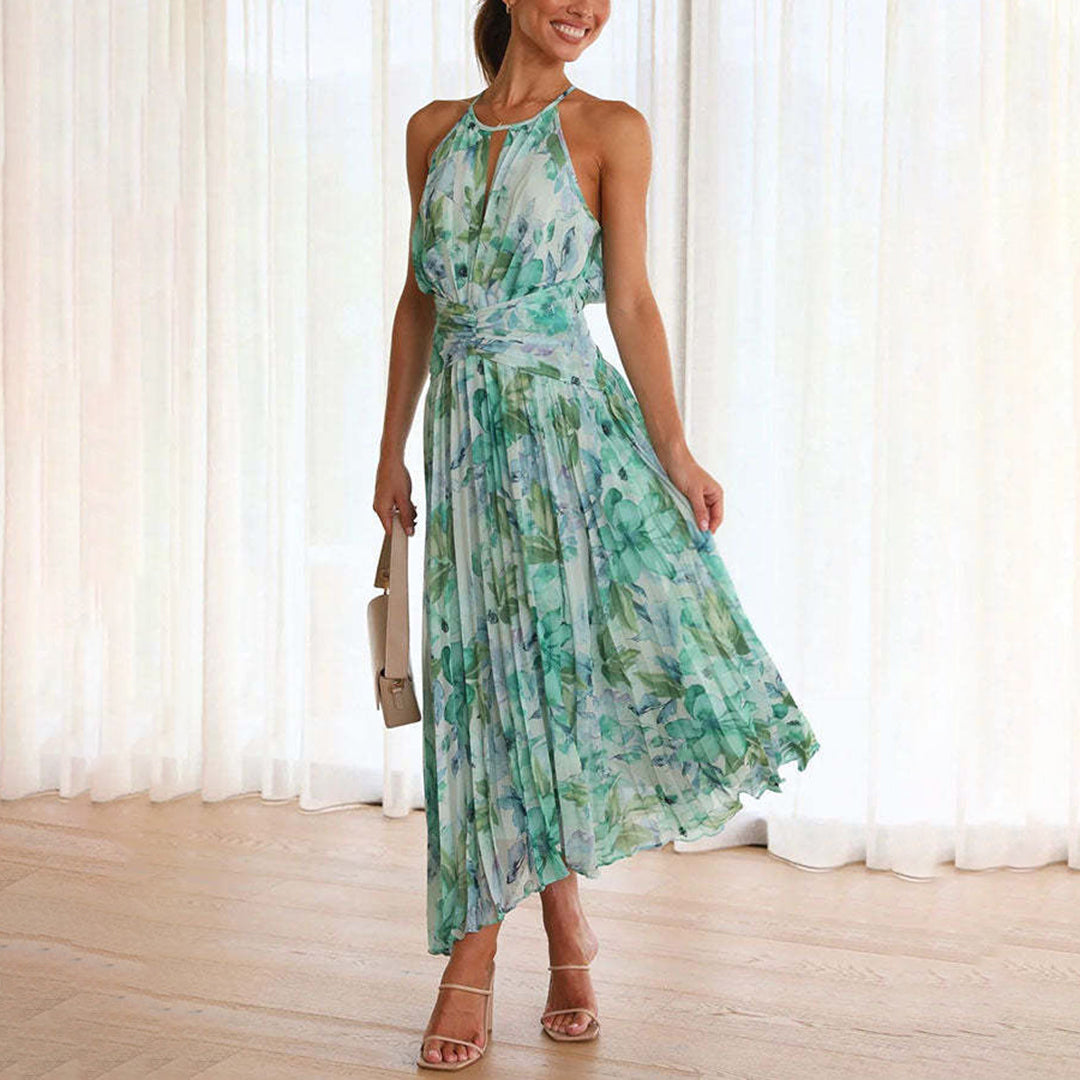 Green floral maxi dress for women, perfect for summer. Elegant & flowy design, comfortable wear for any occasion.