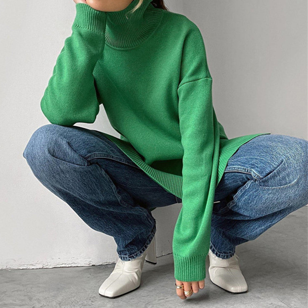 Women's cozy relaxed turtleneck sweater with side split, a must-have long sleeve fall and winter top.