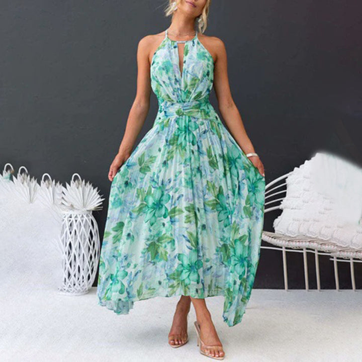 Stylish women's floral maxi dress with a vibrant green print. Elegant flowy design for summer fashion & comfort.