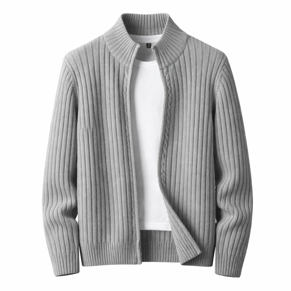 Full view of men's elegant stand collar ribbed zip cardigan, a versatile knit jacket for modern men.