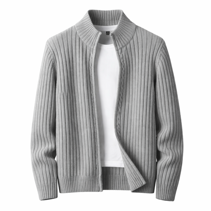 Full view of men's elegant stand collar ribbed zip cardigan, a versatile knit jacket for modern men.